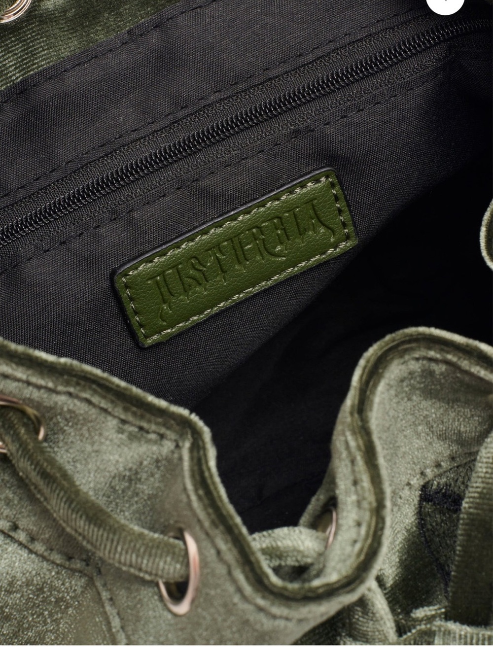 Disturbia Olive Green Velvet Drawstring Snake Bucket Bag - Picture 9 of 13